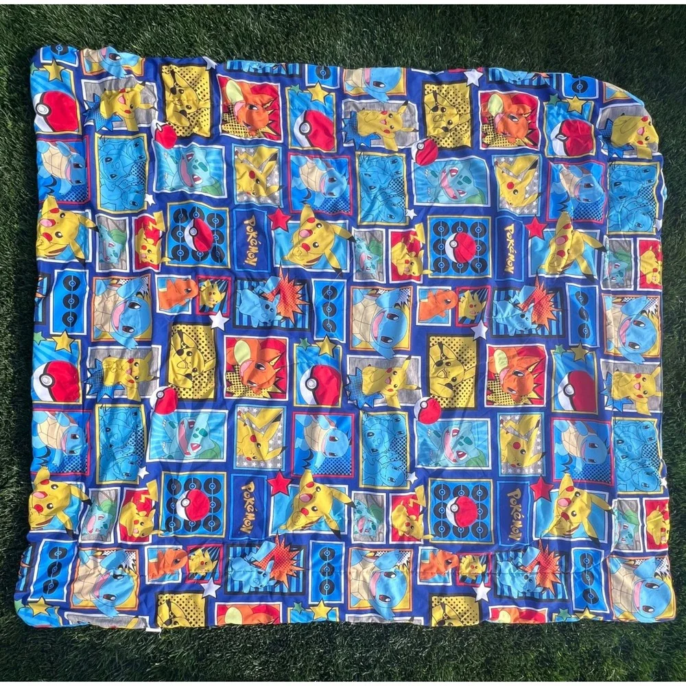 Pokemon Reversible Comforter Pikachu Squirtle Bulbasaur Blue‎ Quilted 72x81